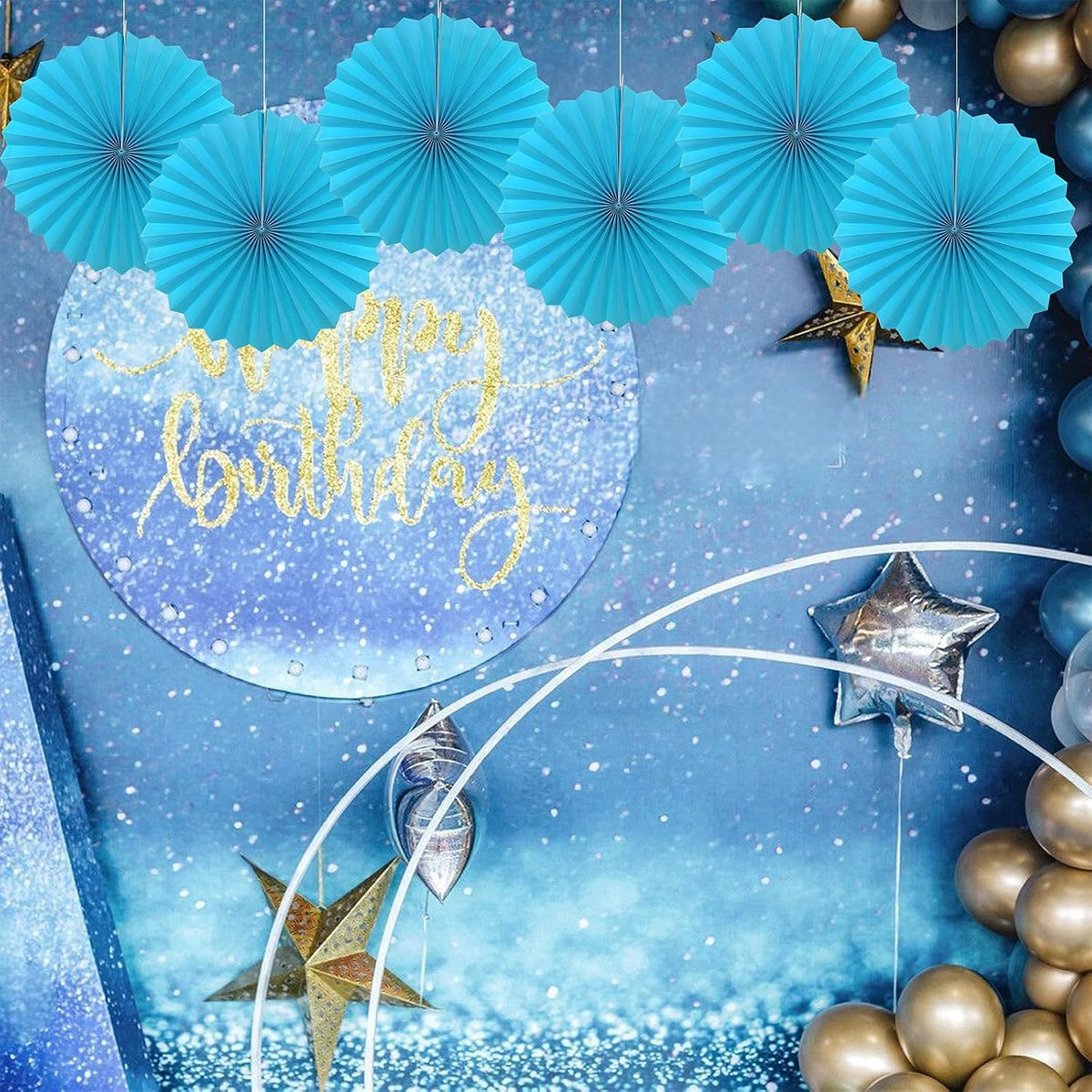BARTHEW Blue Hanging Paper Fans,Blueaccessories Paper Decorations for Party,Blue Harmony Classroom