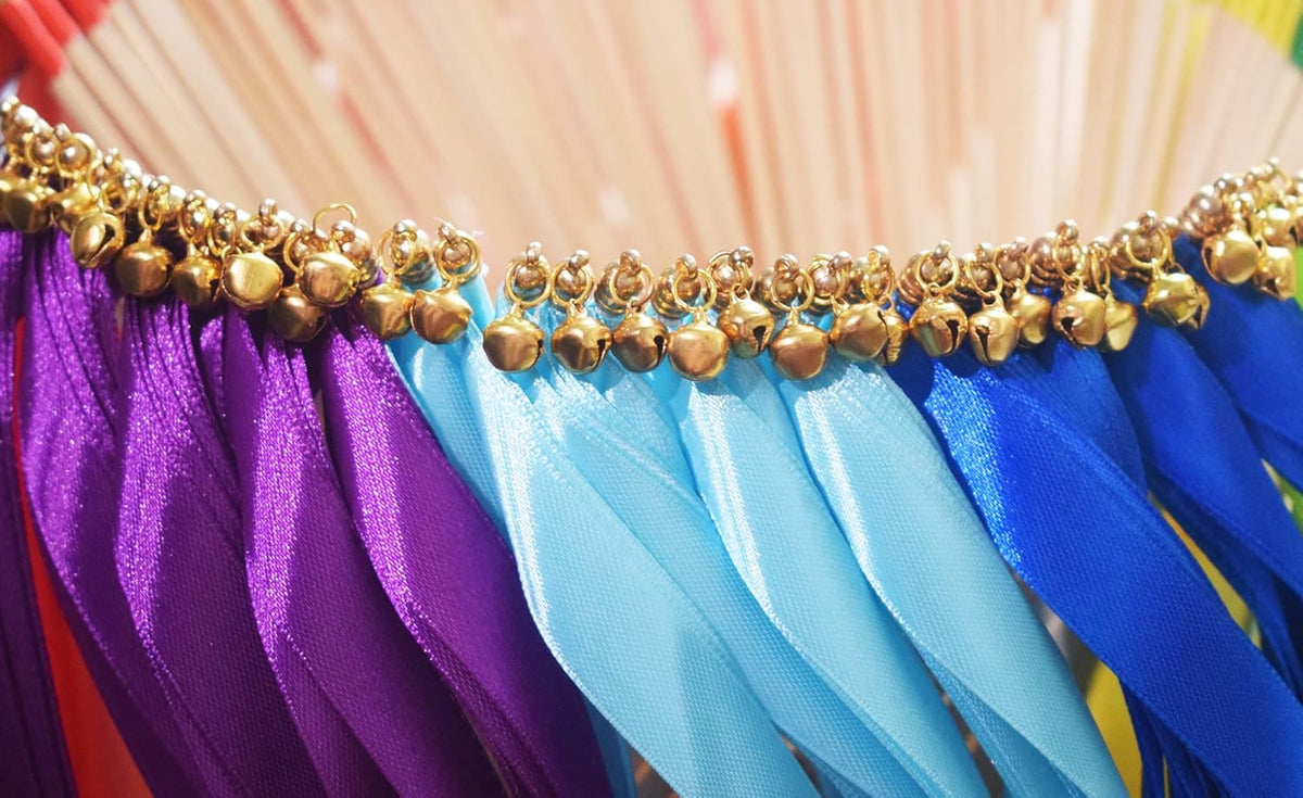 Kingsnow 100 Pieces Multi-Color Ribbon Wands Streamers Sticks with Gold Bell, Chromatic Silk Wish