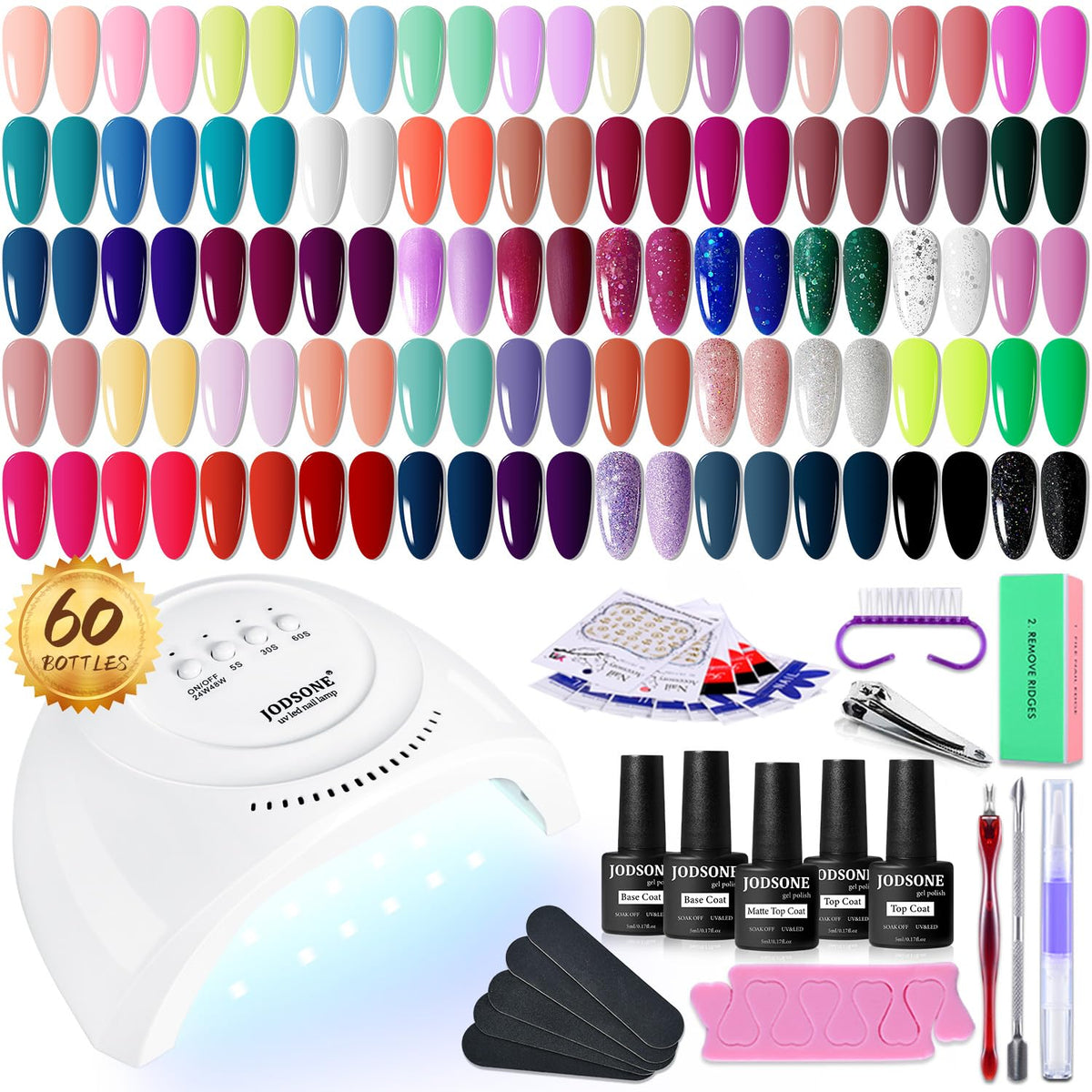 JODSONE Gel Nail Polish Kit 60 PCS with U V Light Soak off Base Top Coat 55 Shine Colors Gel Nail