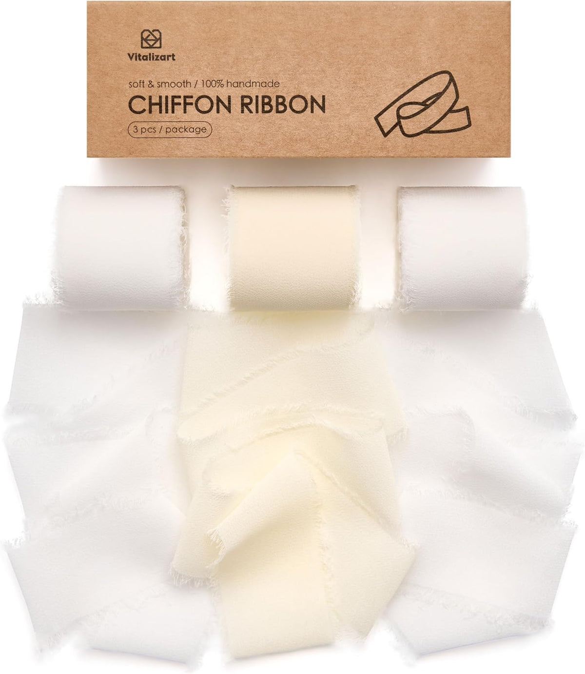 Vitalizart White Handmade Chiffon Silk Ribbon Fringe 1.5" x 21 Yd Frayed Edges Ribbons for Wedding