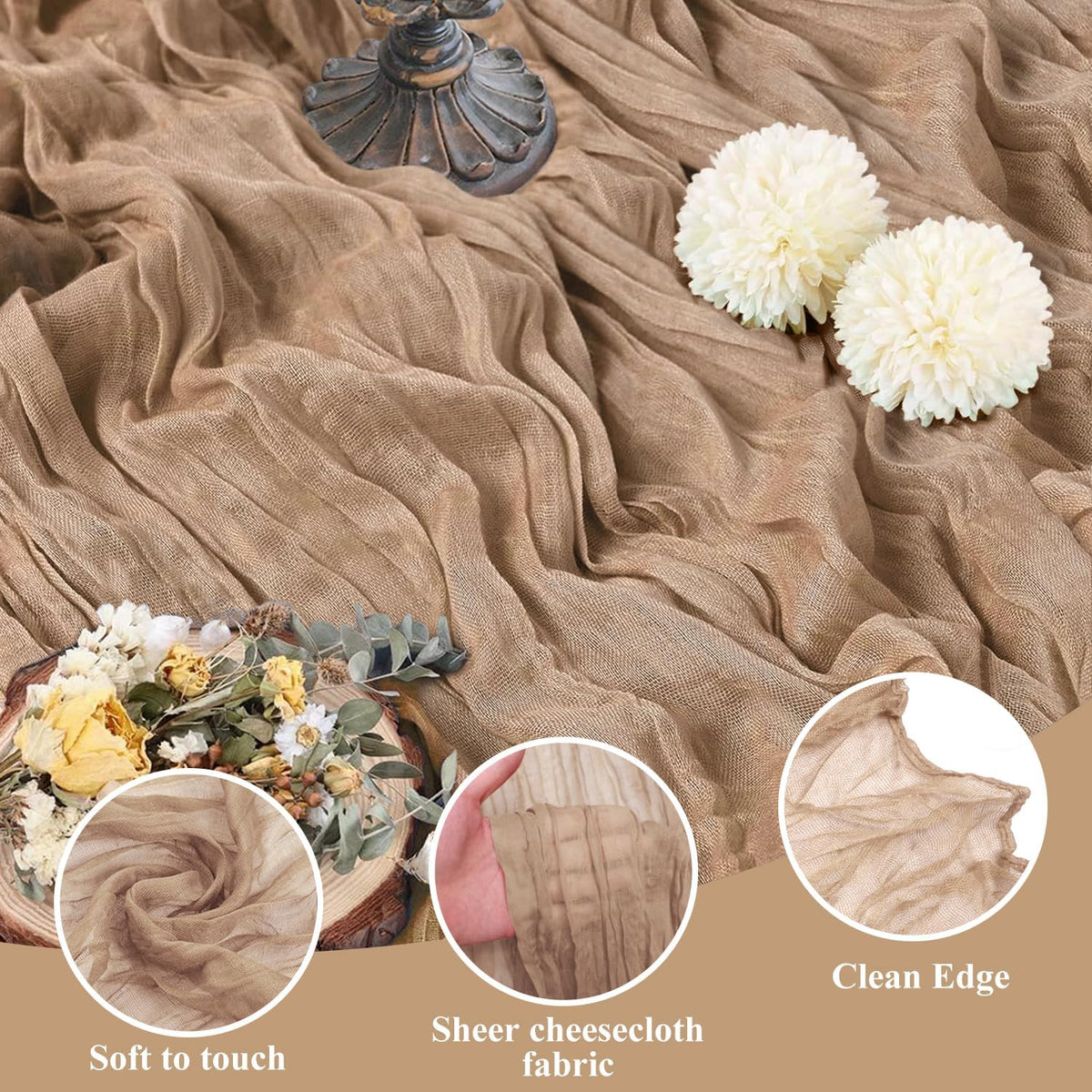 Asee'm 12pcs Cheesecloth Table Runner 120 Inches Long Nude Boho Gauze Cheese Cloth Runner 10FT