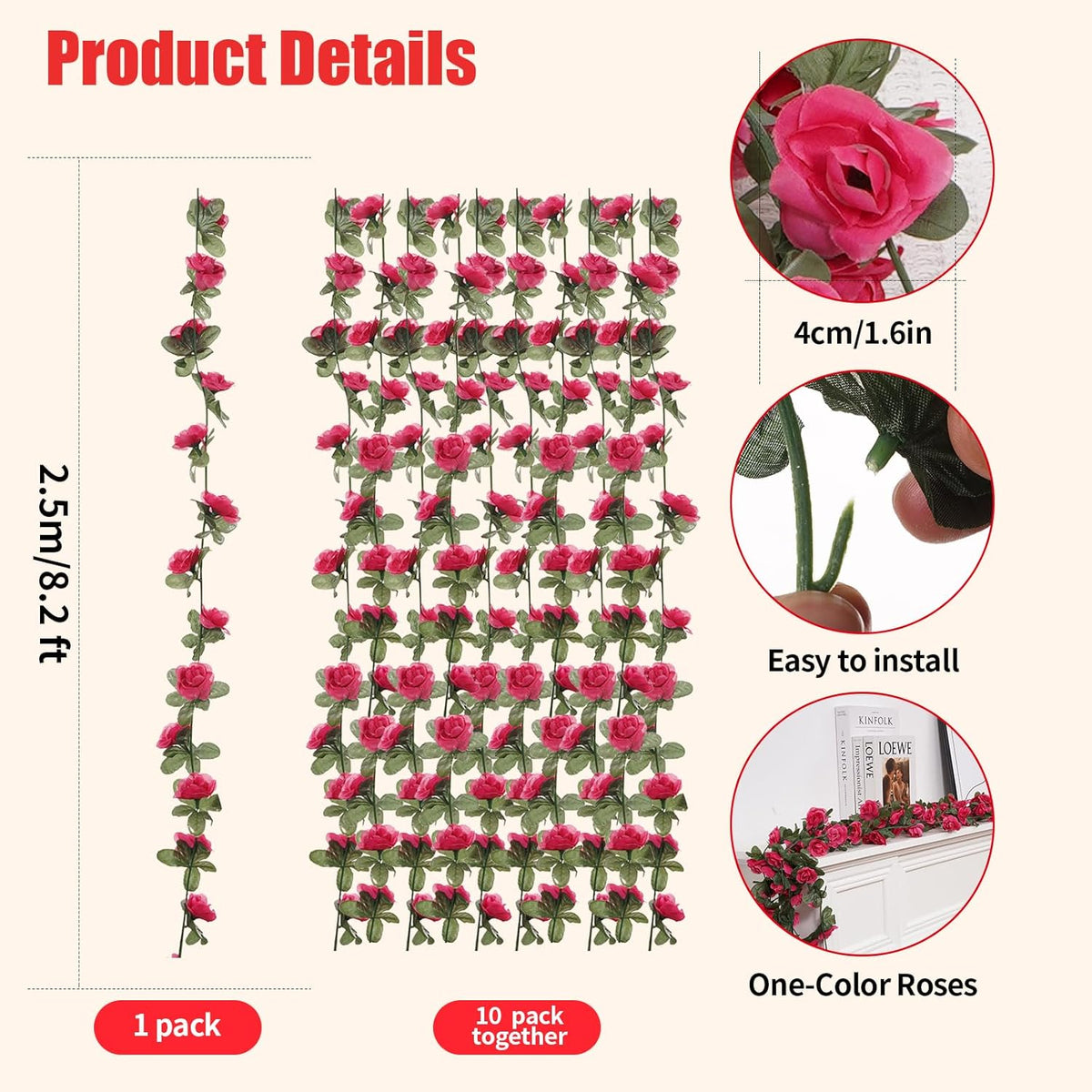 10 Pcs 82FT Flower Garland, Artificial Rose Garland Flowers Plants Fake Flower Hanging Rose Ivy