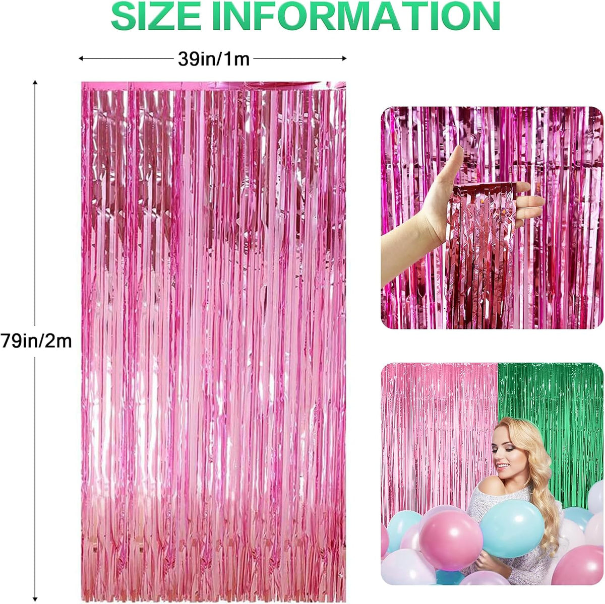 CANREVEL 2 Pack 3.3x6.6 Feet Pink and Green Foil Fringe Backdrop Curtains, Tinsel Streamers for