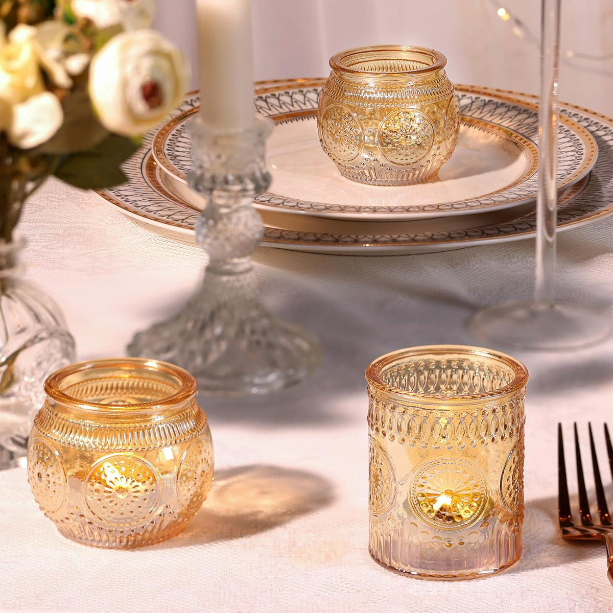 DARJEN 24Pcs Gold Votive Candle Holders - Glass Candle Holder Bulk for Table Centerpiece, Tea
