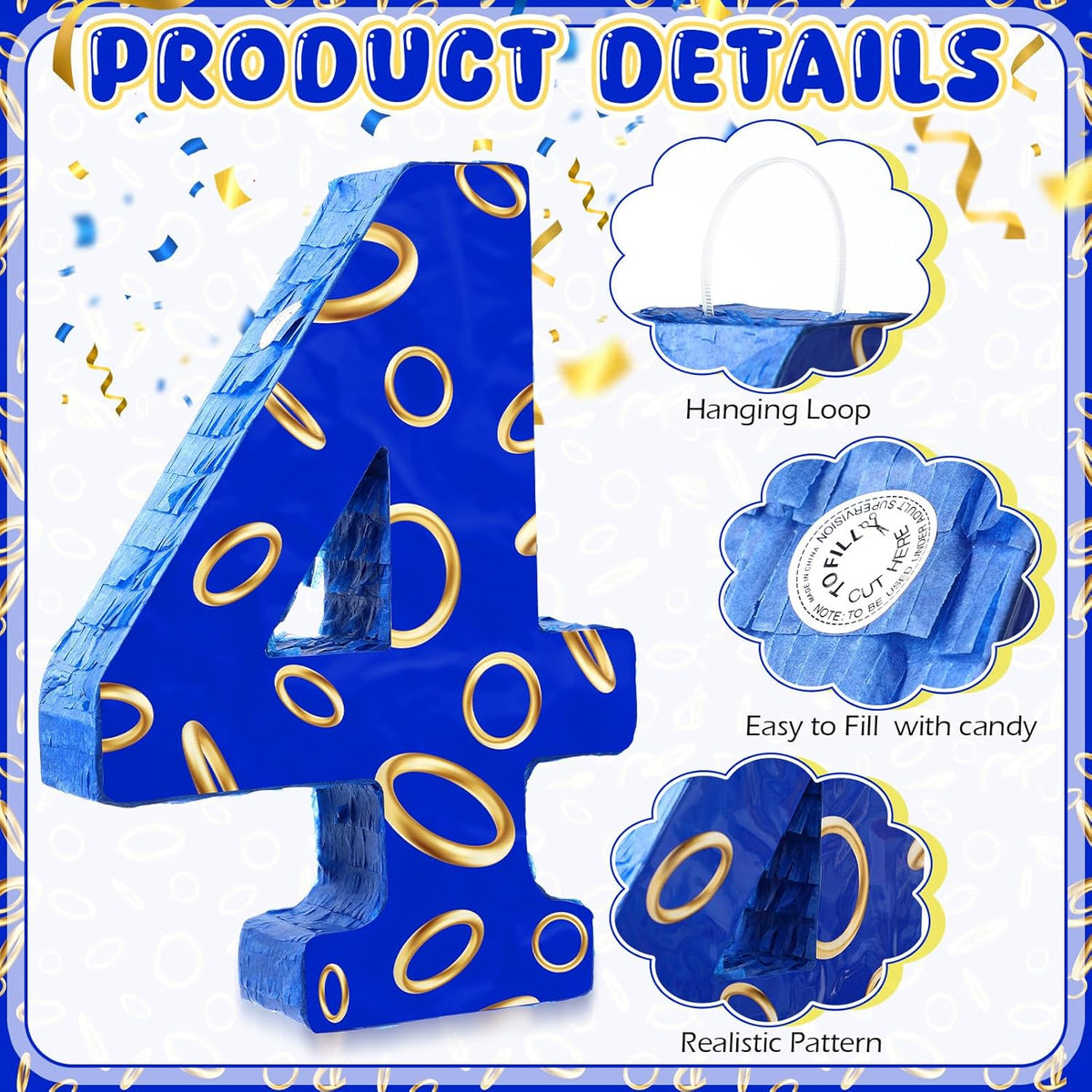 Number 4 Blue and Golden Rings Piñata for Kids Birthday Cartoon Theme Small Piñata with Blindfold