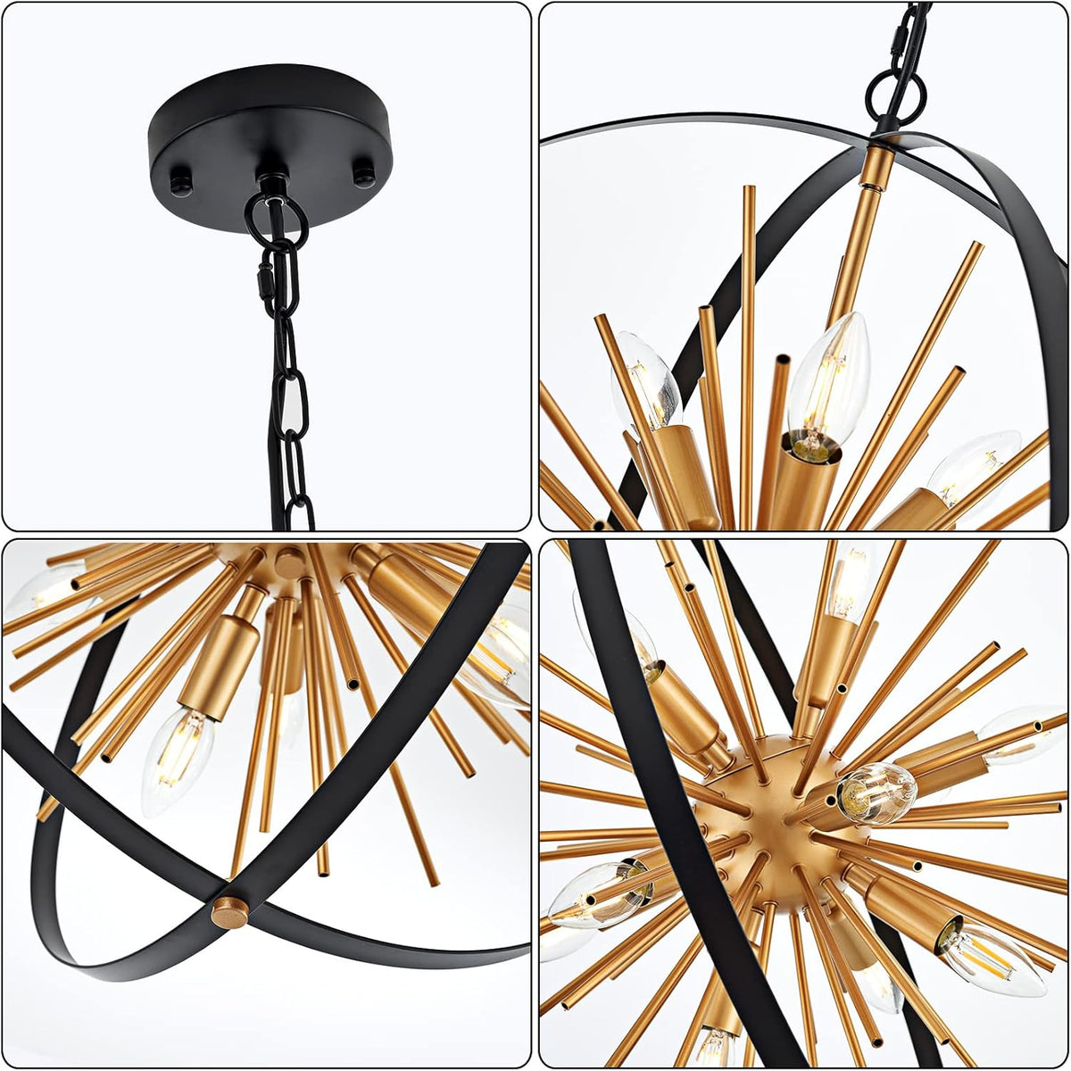 23.2'' Black Gold 12-Light Globe Sputnik Chandelier Modern Industrial Adjustable Hanging Ceiling