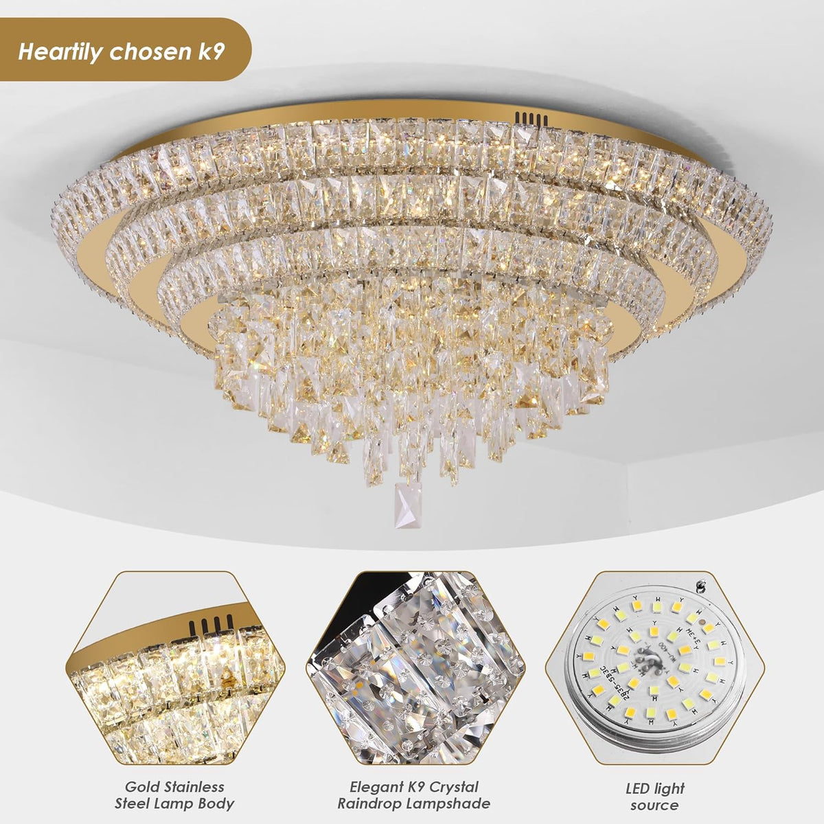 30 inch Crystal Gold Ceiling-Light Flush Mount with Remote Control and APP, 3CCT Dimmable &