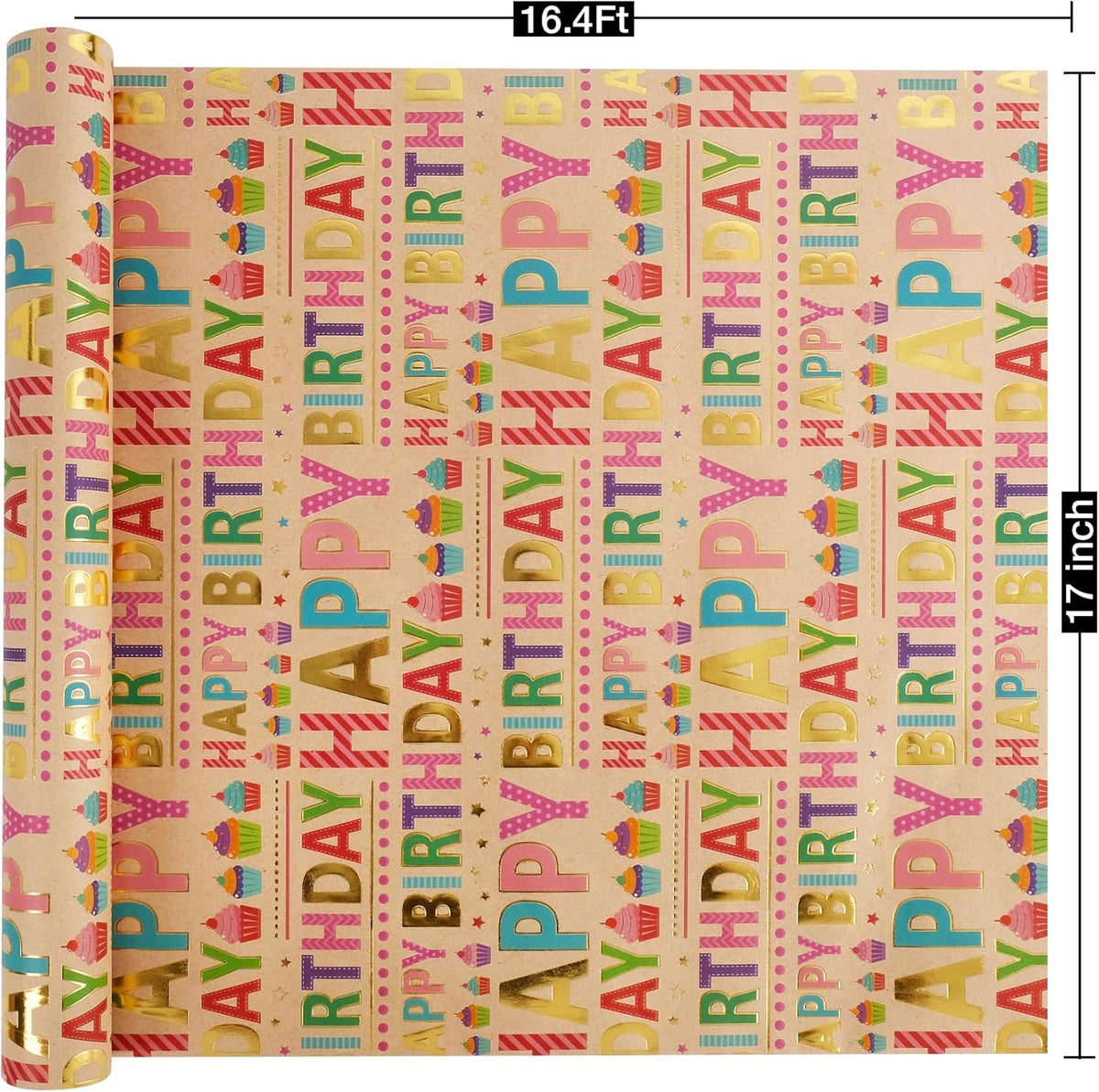 Aimyoo Colorful Birthday Wrapping Paper Roll - 17 Inch X 16.4 Feet - Gold Foil Happy Birthday