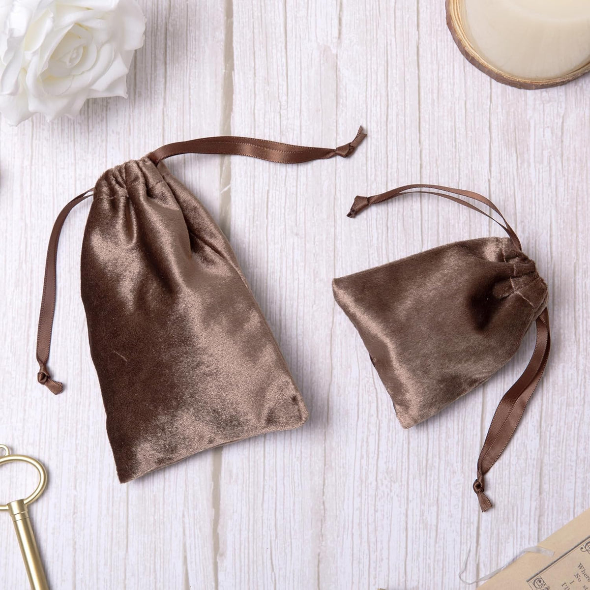 QIANF 12pcs Brown Velvet Drawstring Bags 3x4 inches Glossy Small Velvet Cloth Gift Bags Jewelry