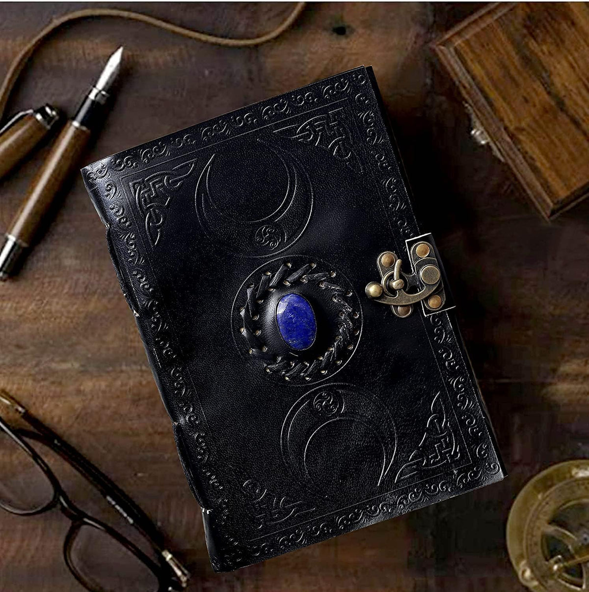 cuero 3 Moon Blue Lapiz Embossed Vintage Leather Journal for Men & Women - 176 Pages, Antique