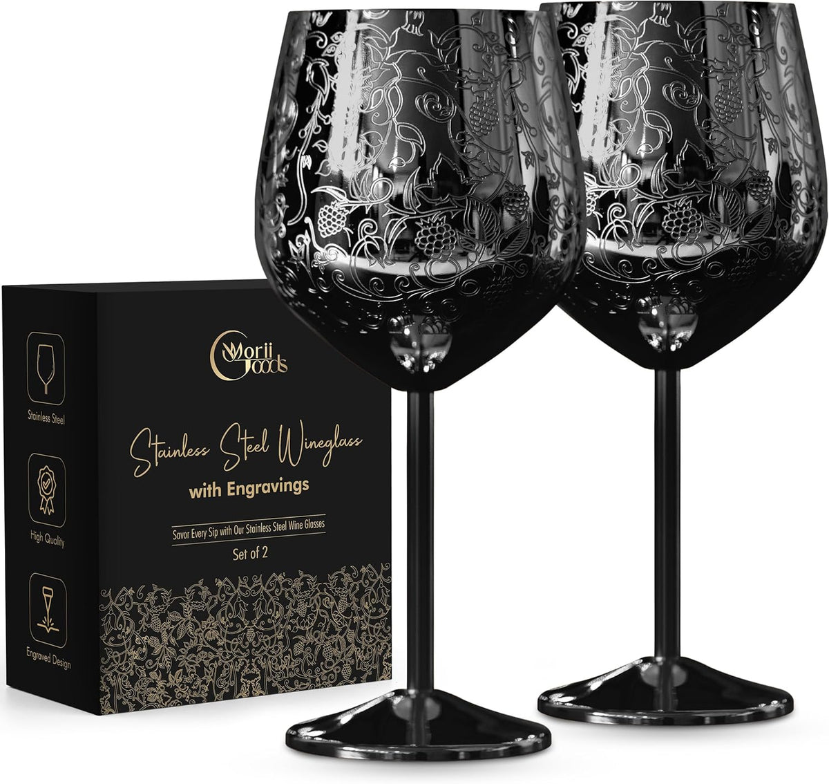 Stainless Steel Wine Glasses - Set of 2 Etched 16 oz Metal Goblets, Unbreakable Rose Gold Cups for