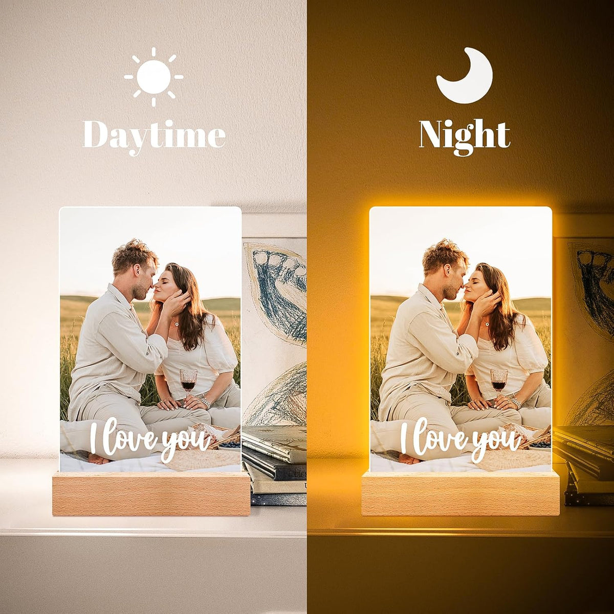 Personalized Picture Frame with Photo, Customized Photo Frame with Night Light, Custom Couple