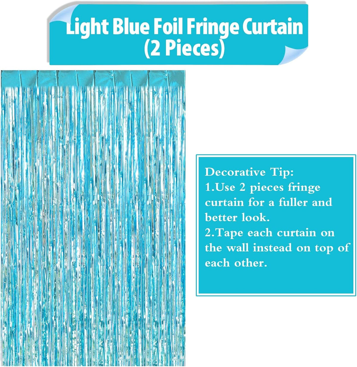 2 Pack Light Blue Fringe Curtains Foil Shiny Fringe Backdrop Tinsel Door Streamers Foil Curtains