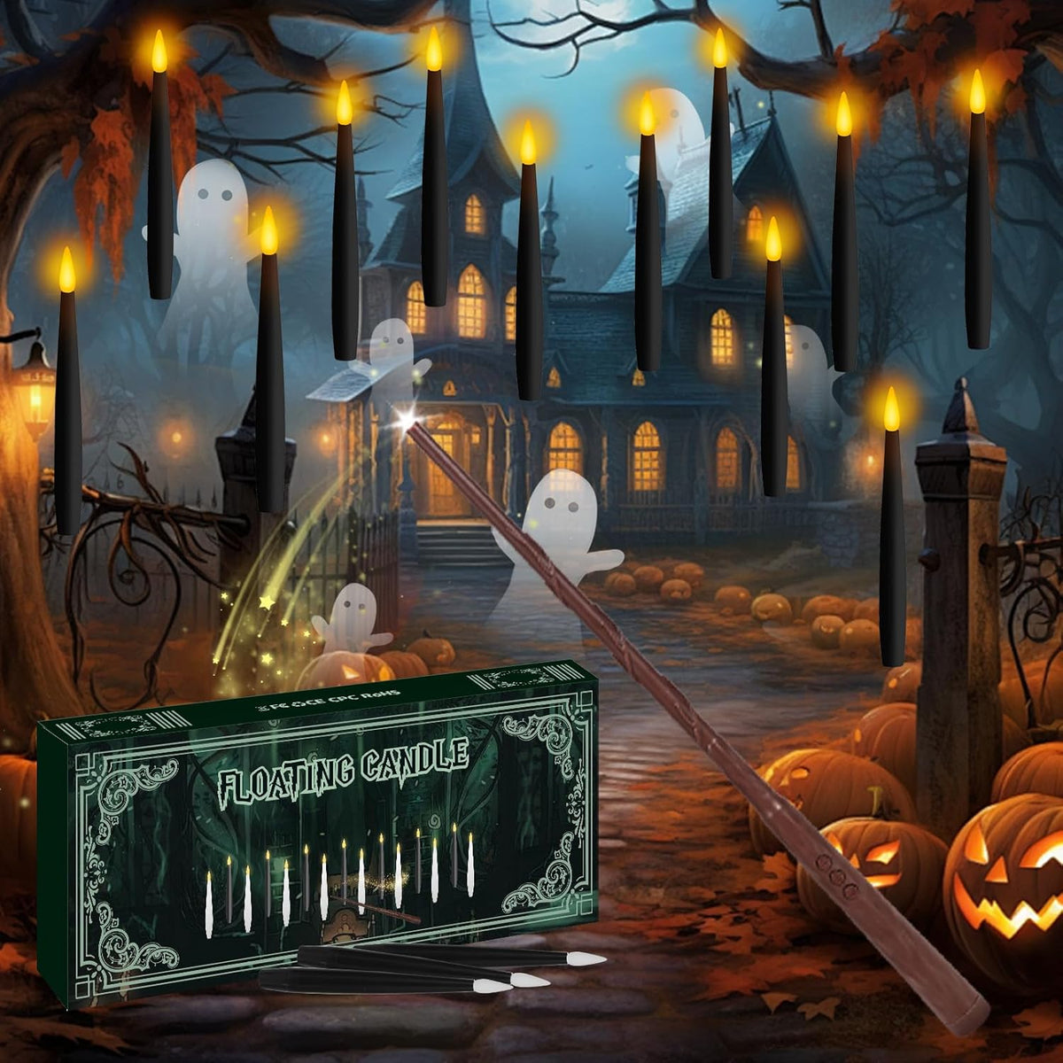 NURADA Floating Candles with Wand Remote Timer - Magic LED Hanging Flameless Taper Candles