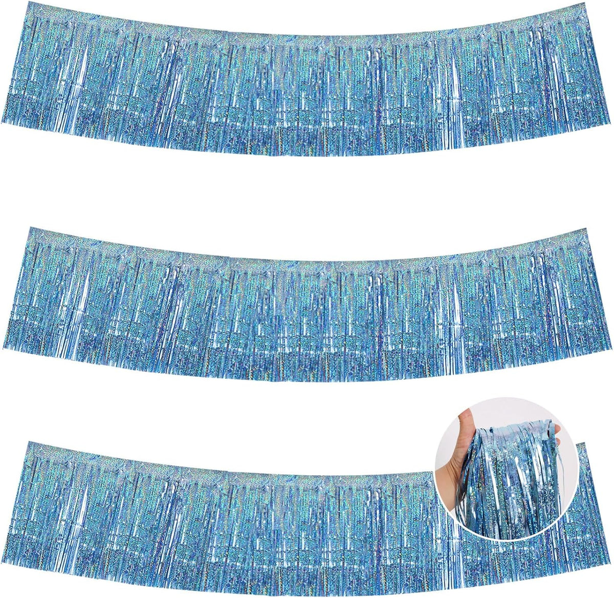 BEISHIDA 3 Packs Metallic Foil Fringe Garland Laser Light Blue Wall Hanging Tinsel Fringe Banners