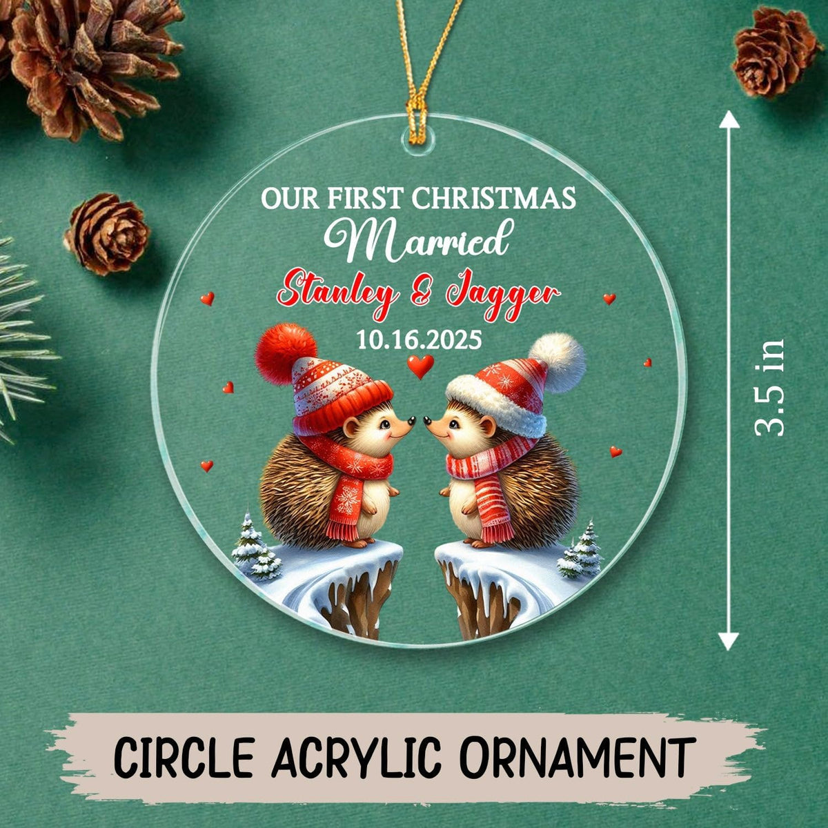Our First Christmas Married Ornament, Custom Date/Name Mr & Mrs Hedgehog Ornament Gift for