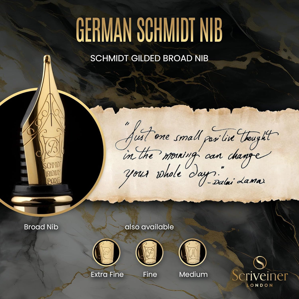 Scriveiner Black Lacquer Fountain Pen - Stunning Luxury Pen, Real Gold Finish, Schmidt Gilded Nib
