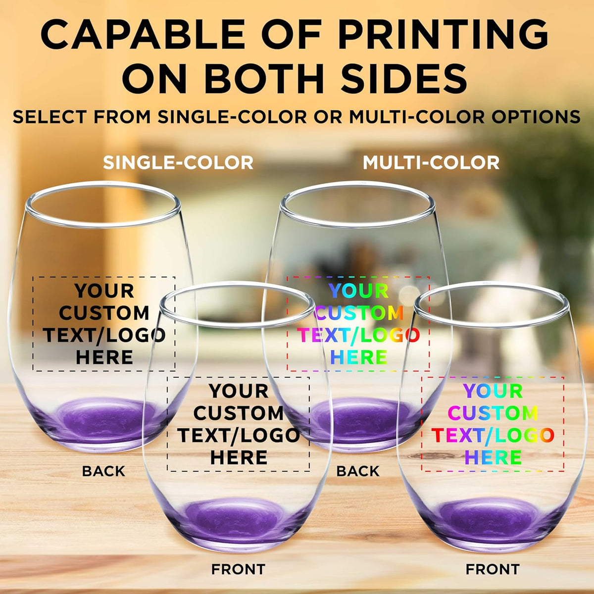 Custom Stemless Wine Glass 9 oz. Set of 100, Personalized Bulk Pack - Great for Wedding Favors