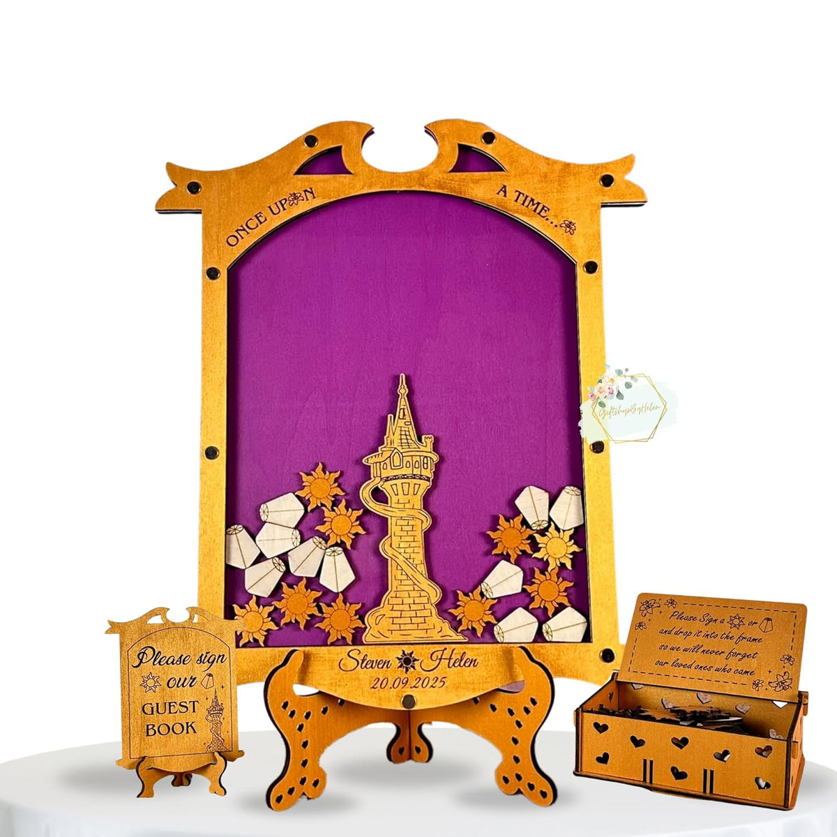 Tangled Guest Book Wedding Alternative | Gold Princess Tower Guestbook | Personalized Wooden Drop