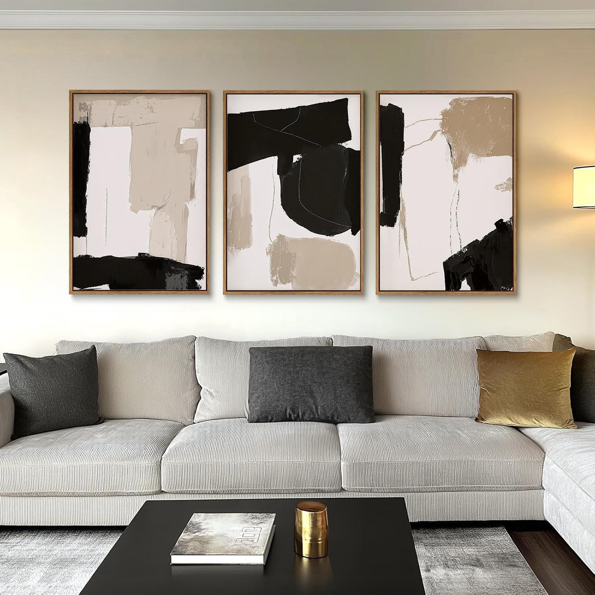 myusuar 3 Piece Large Modern Abstract Canvas Framed Wall Art For Living Room, Black And Beige