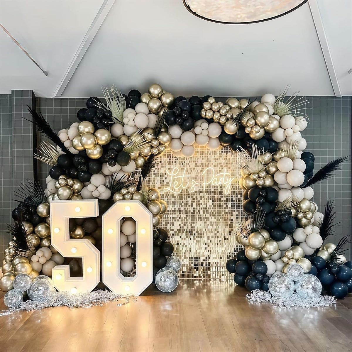 Black White Gold Balloons, 12 Inch 35PCS Black and White Balloon with Metallic Gold Confetti