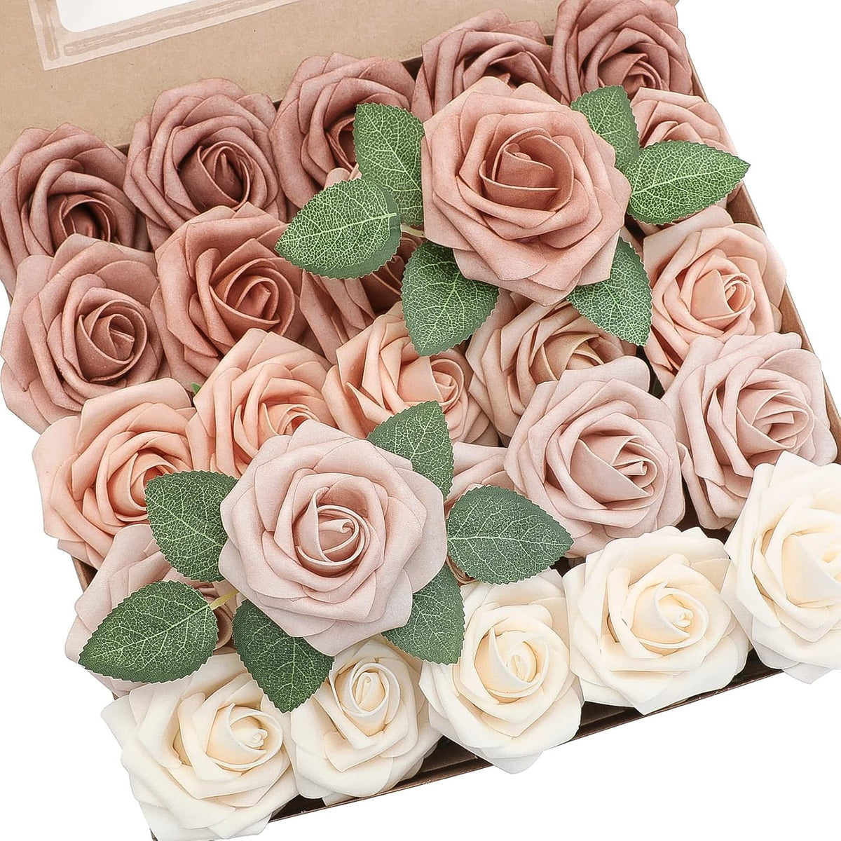 Floroom Artificial Flowers 25pcs Real Looking Morandi Peach Ombre Colors Foam Fake Roses with Stems
