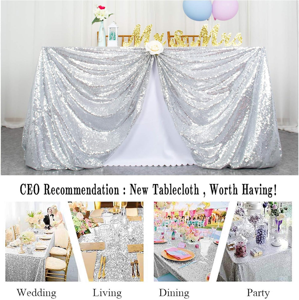 ShinyBeauty Sequin Tablecloth Silver 72''x72'' Square Glitter Table Cover Silver Table Cloths for