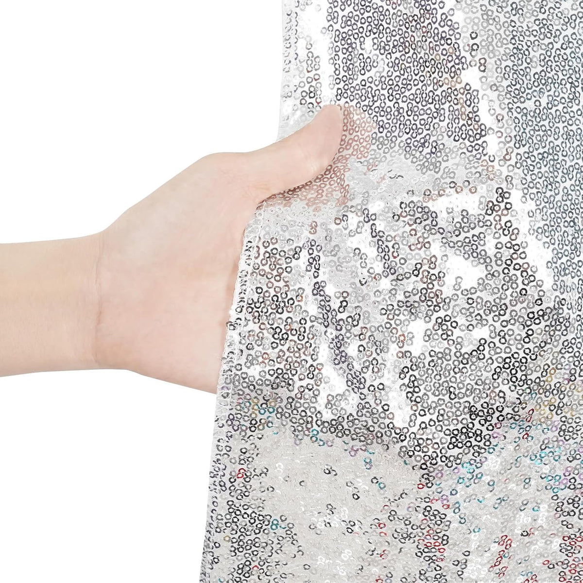 Poise3EHome 8Ft x 10Ft Silver Sequin Backdrop, Glitter Thick Satin Sequin Background Drapes