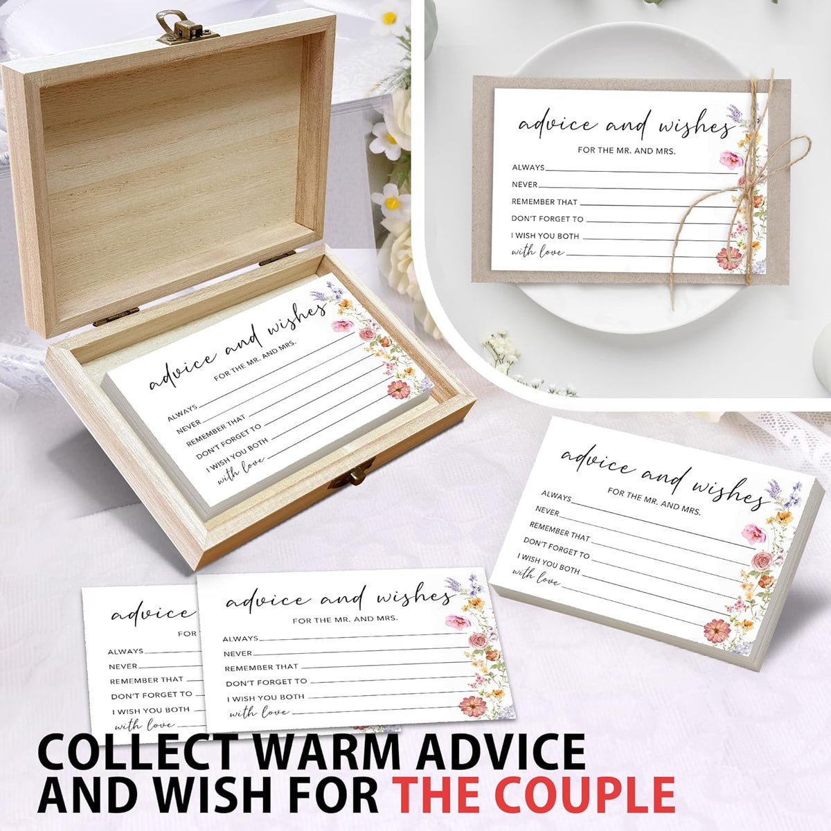 50 Pcs Advice and Wishes for the Mr and Mrs Cards in Box - Bridal Shower Guest Book - Perfect for