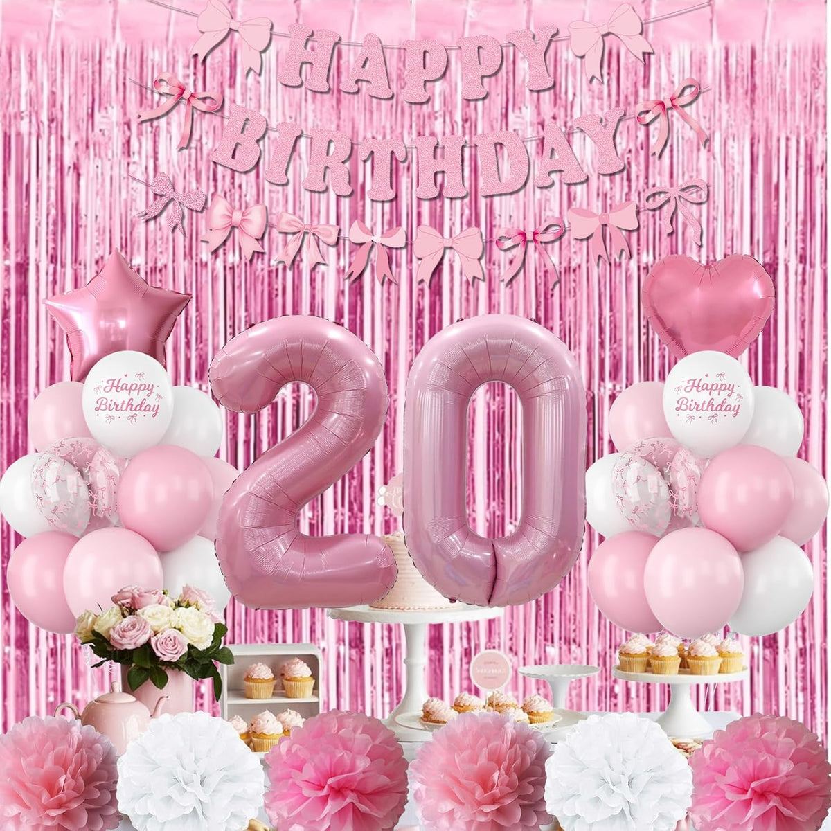 20th Birthday Decorations for Girls Pink Number 20 Balloon Bow Coquette Happy Birthday Banner