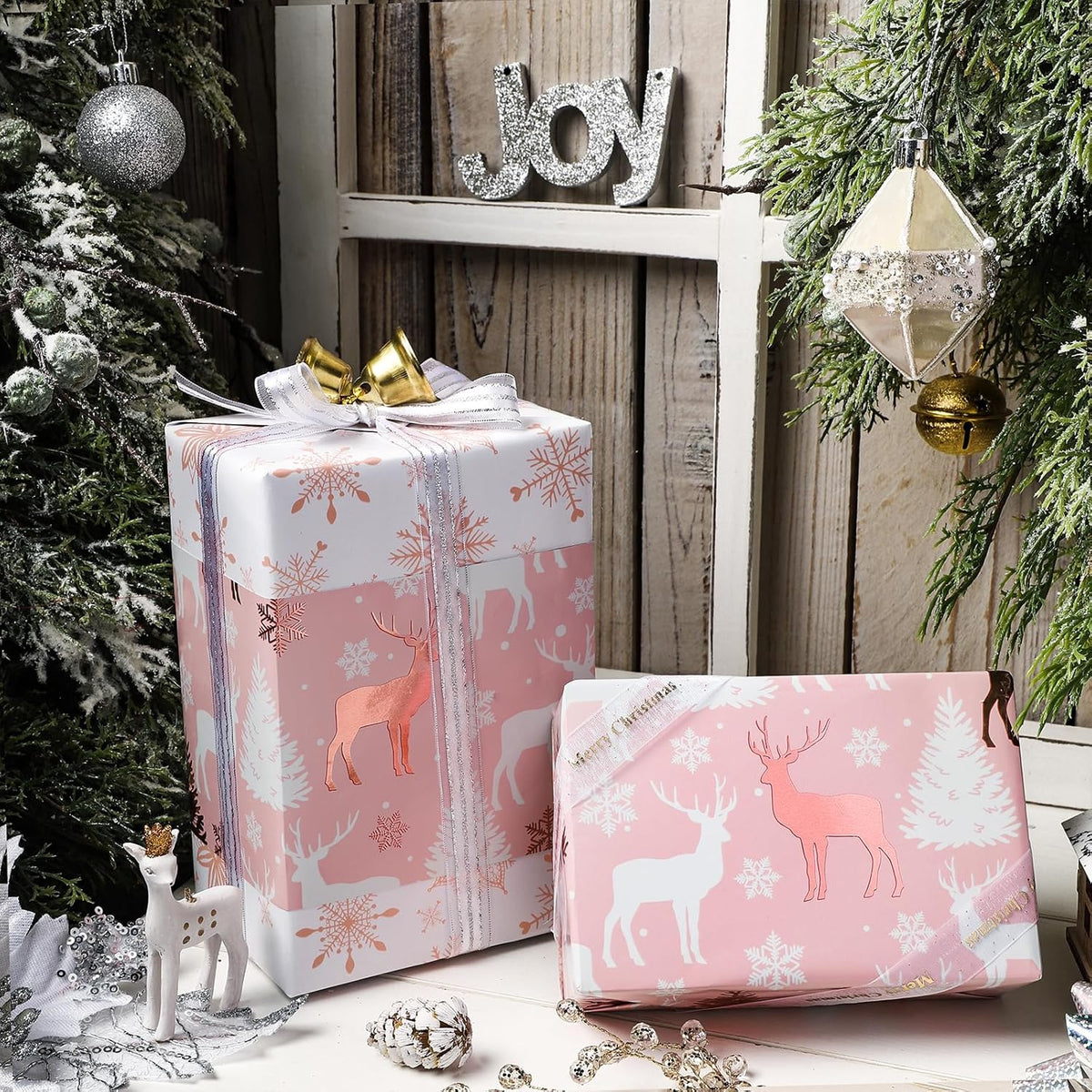 LeZakaa Christmas Pink Wrapping Paper Mini Roll, Reindeer & Snowflake, Metallic Foil, Rose Gold