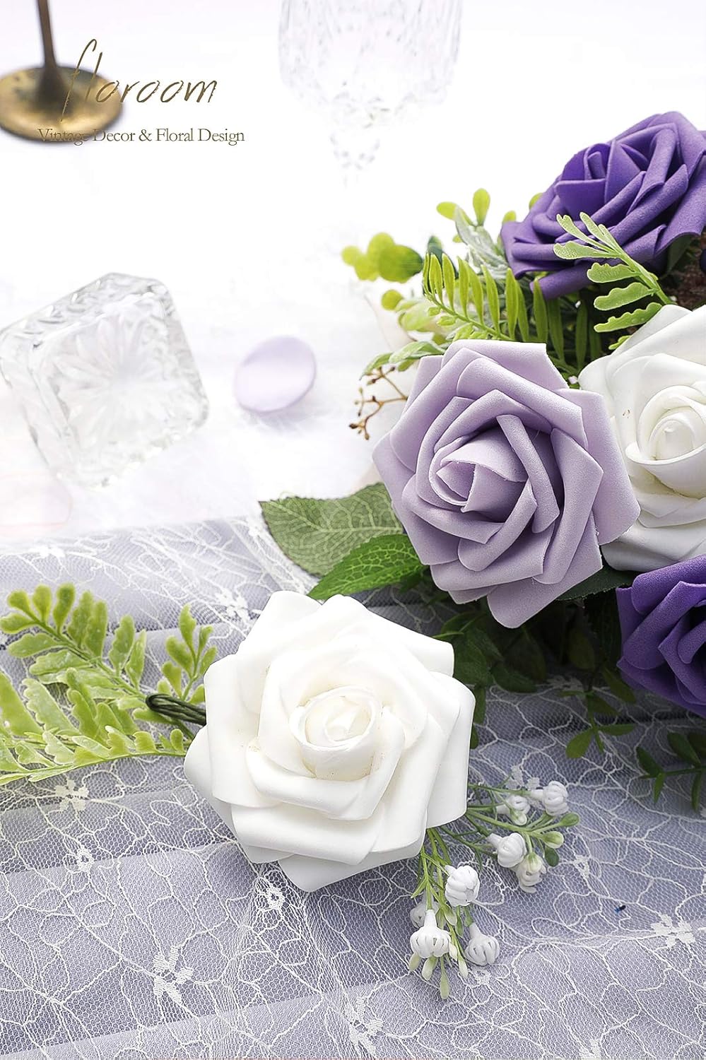 Floroom Artificial Flowers 25pcs Real Looking Violet Purple Ombre Colors Foam Fake Roses with Stems