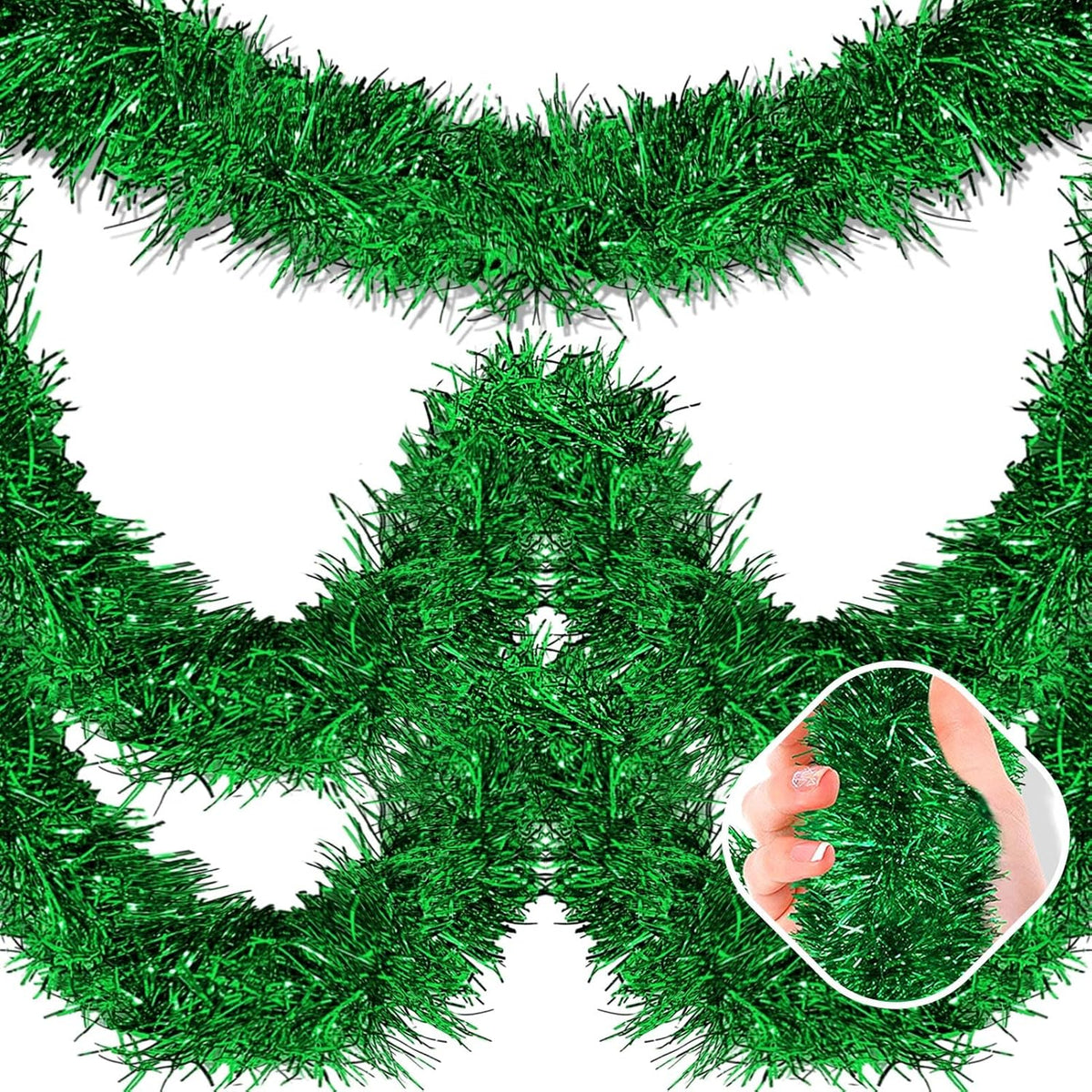 25 Feet Green Christmas Tinsel Garland, Metallic Foil Twist Garland Wall Hanging Tinsel Banner