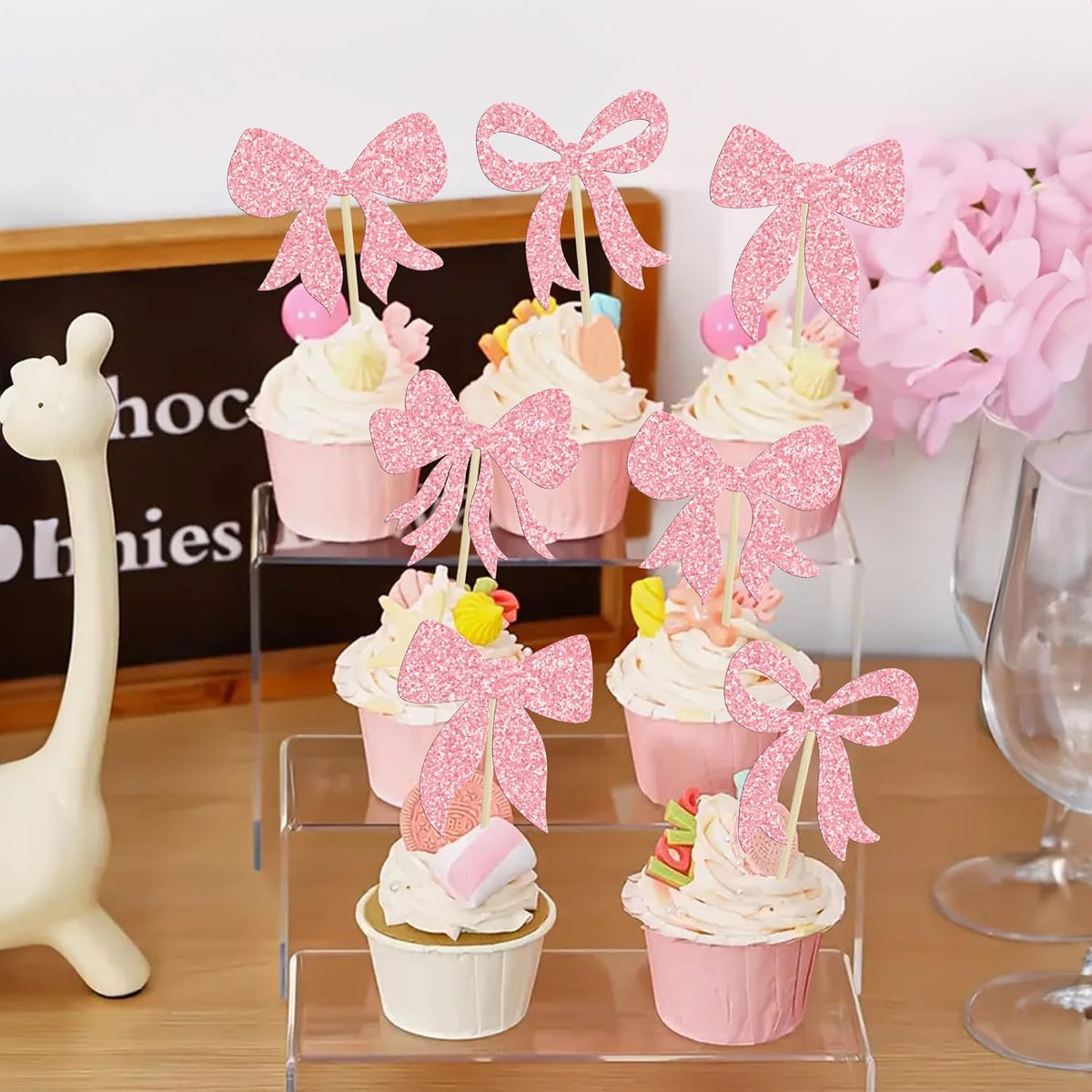 Gyufise 36Pcs Bow Cupcake Toppers Glitter Girls Birthday Decorations Bowknot Cupcake Picks Bow Tie