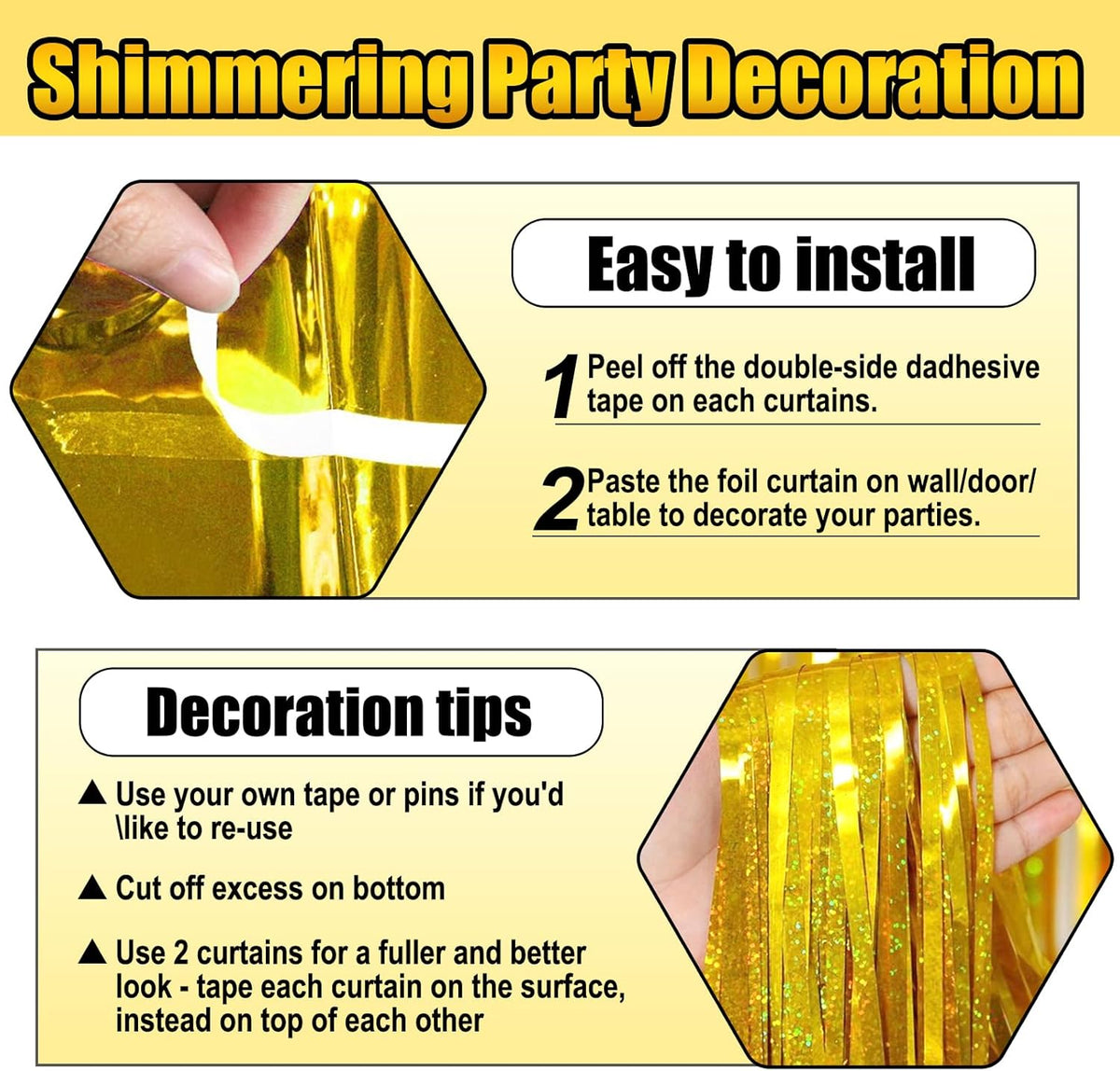 3 Pack Gold Foil Fringe Curtain Backdrop, 3.28Ft x 8.2Ft Metallic Tinsel Foil Fringe Streamer
