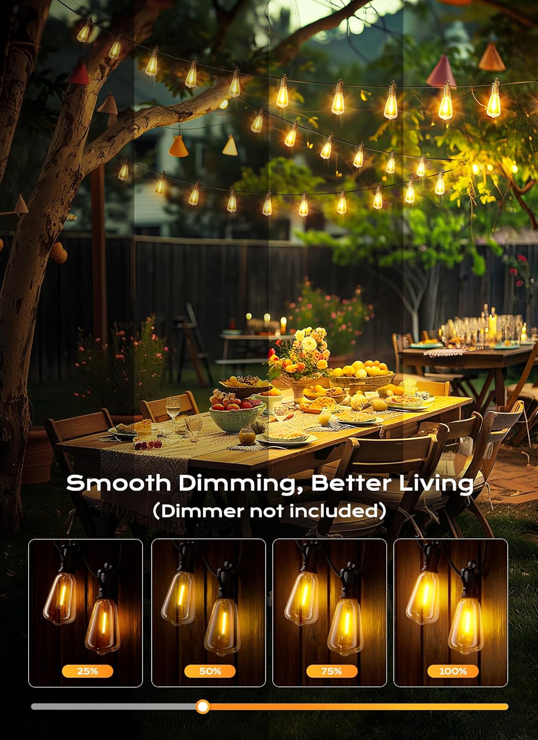 Brightown Outdoor String Lights, 100FT 50+2 LED ST38 LED Patio Lights Shatterproof, Dimmable IP65