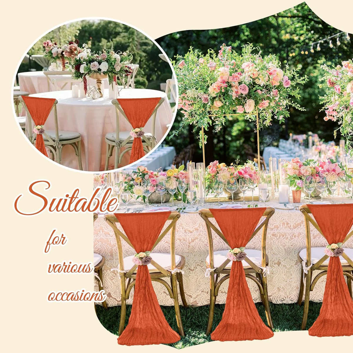 36 Pcs Burnt Orange Cheesecloth Chair Sashes, 16 x 108 inch Gauze Fabric Washable Chair Sashes Bows
