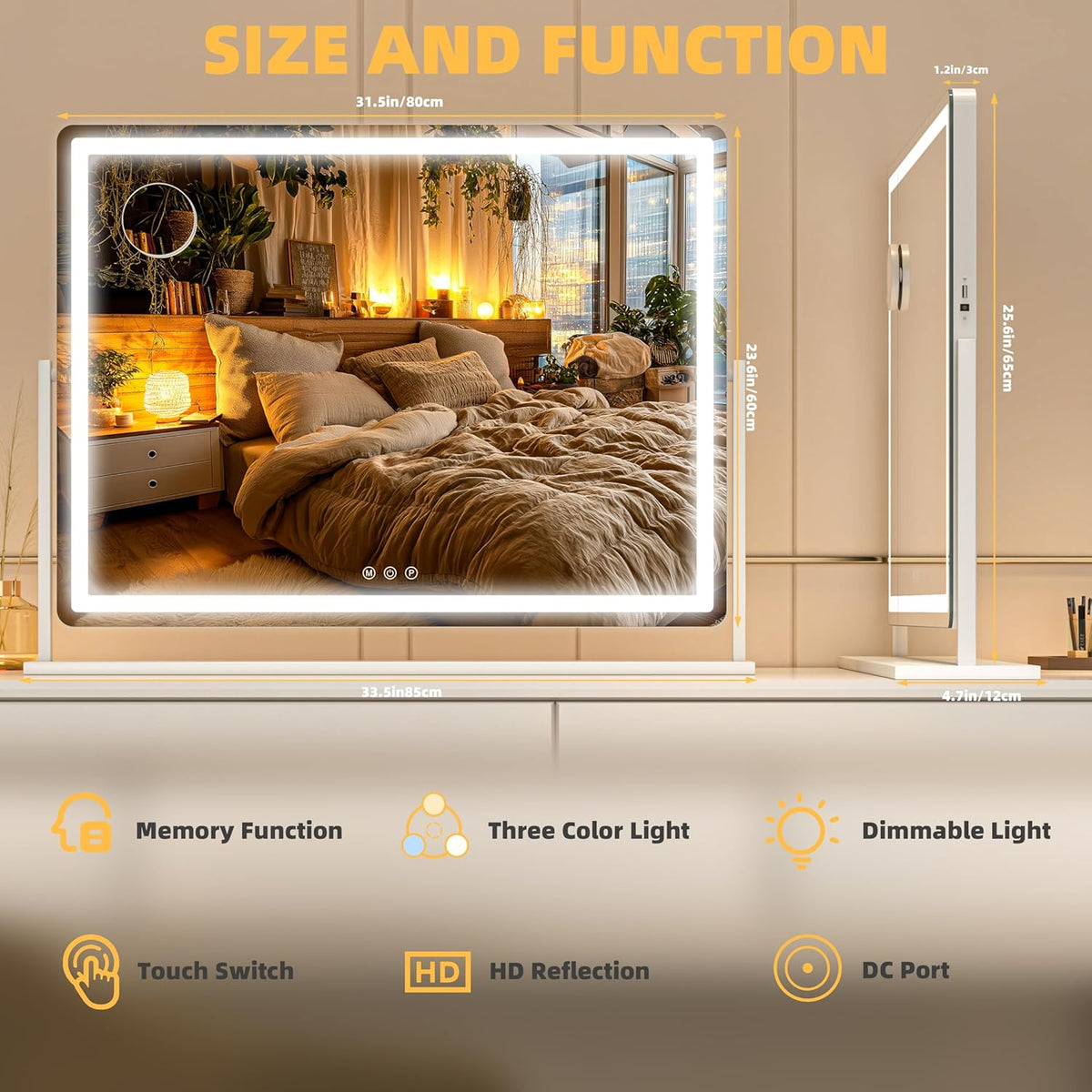 Vanity Mirror with Lights, 34'' x 25.6'' Lighted Makeup Mirror, Touch Screen with 3-Color Lighting