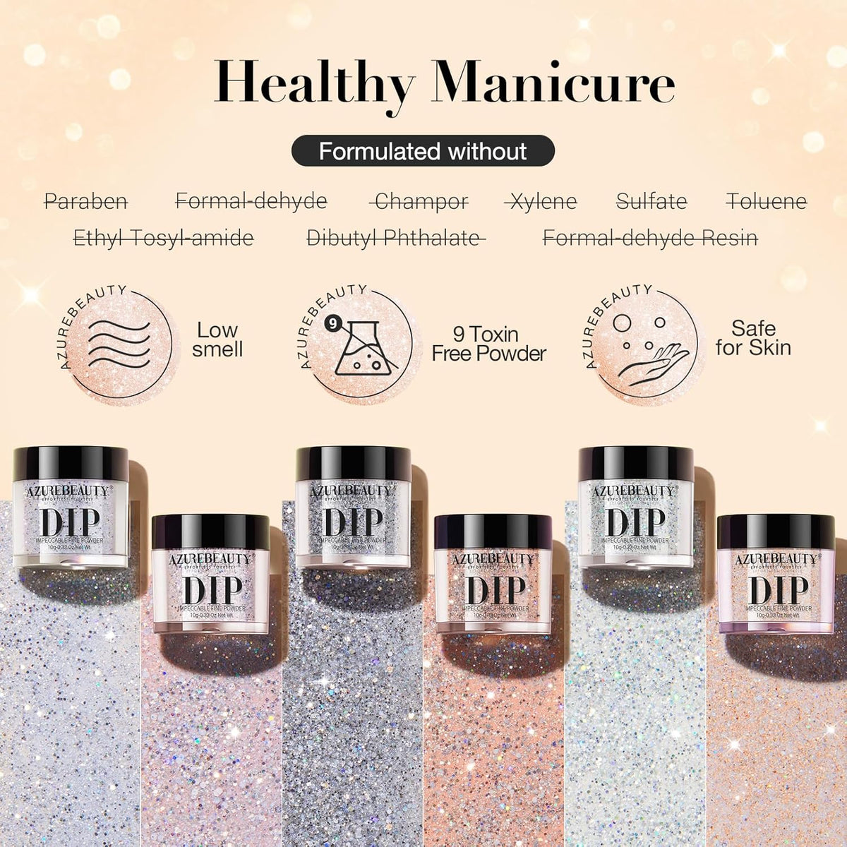 AZUREBEAUTY Dip Powder Nail Set, Silver Pink Black Golden Yellow Glitter Sparkly Shiny Chrome