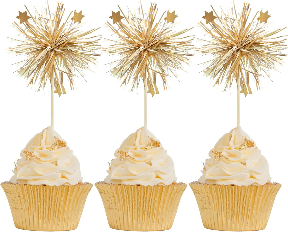 Gyufise 30Pcs Foil Firework Cupcake Toppers Happy Birthday Cake Toppers Sparkle Tinsel Flower Drink