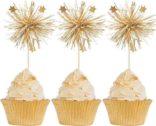Gyufise 30Pcs Foil Firework Cupcake Toppers Happy Birthday Cake Toppers Sparkle Tinsel Flower Drink