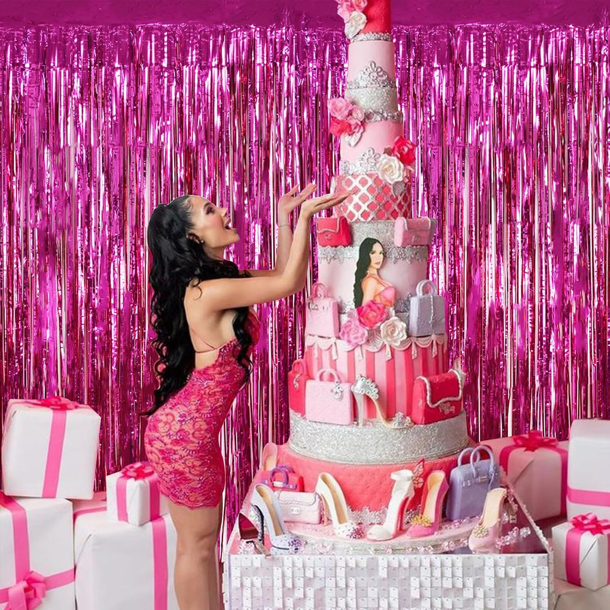 BEISHIDA 2 Pcs Hot Pink Backdrop Pink Door Streamers Tinsel Curtains Streamers Party Decoration