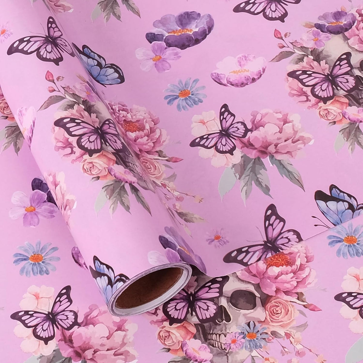 Aimyoo Gothic Wrapping Paper Roll, 17 Inch X 16.5 Feet Skull Floral Butterfly Design Gift Wrap