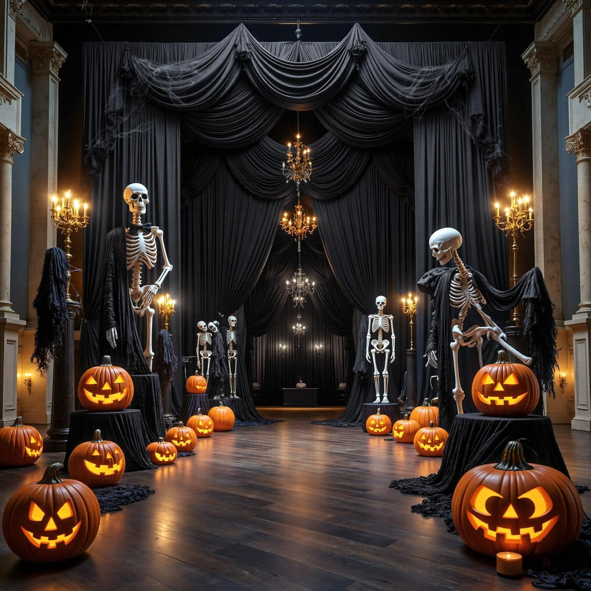PartyVillage 60ft×15ft Black Backdrop Curtain for Halloween Parties, 12 Panels Wrinkle Free 15 FT