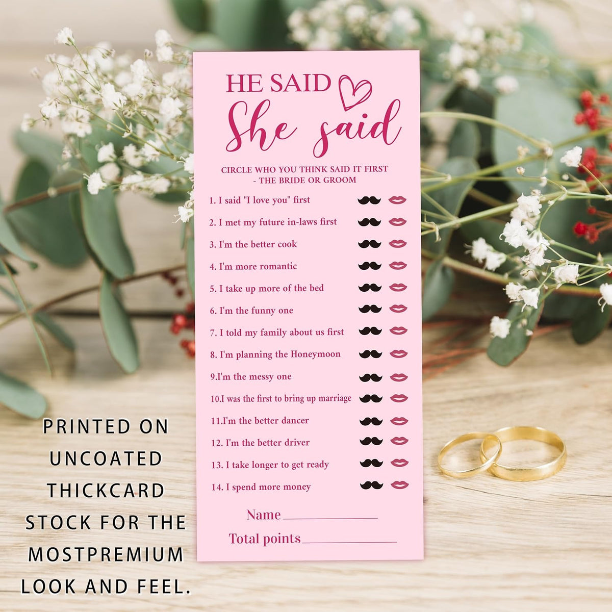 4x9 Inch Bridal Shower Party Games, He Said She Said, Pink Wedding Shower Games Cards for 25