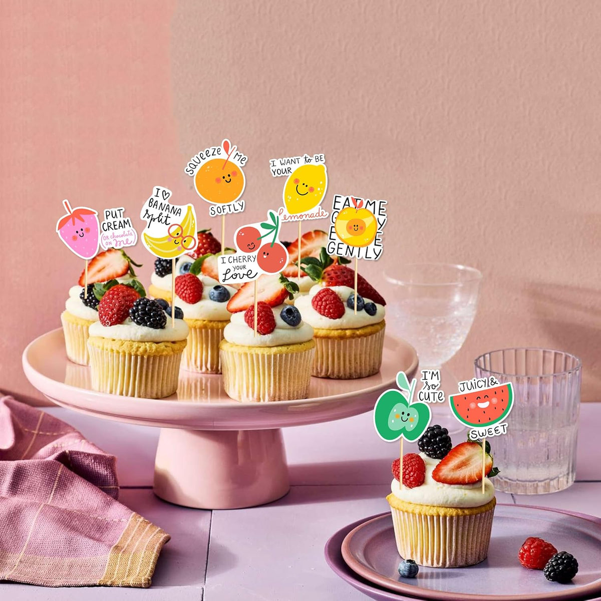 24pcs Tutti Fruity Fruit Cupcake Toppers - Tropical Summers Kids Happy Birthday Cake Toppers