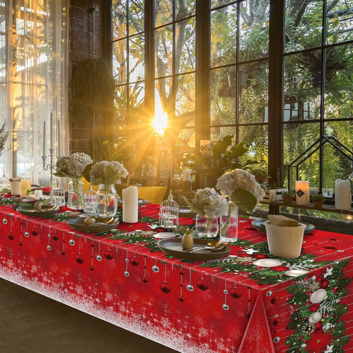3Pieces Merry Christmas Tablecloth Plastic Christmas Tree Ball Table Cover Rectangle Winter