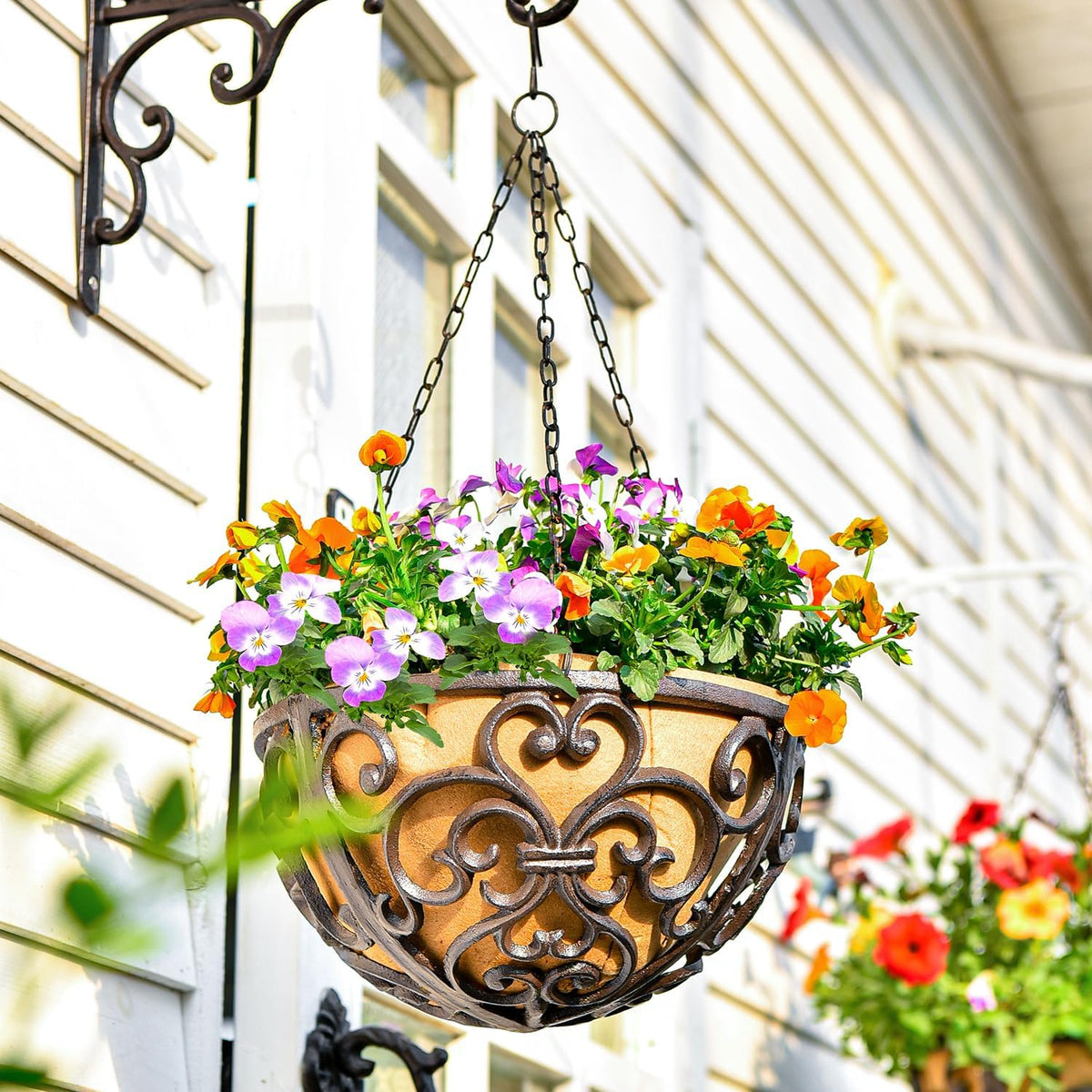 Sungmor 2PC 11" Dia. Large Cast Iron Hanging Baskets w/Fabric Liner, Rustic Brown Heavy-Duty