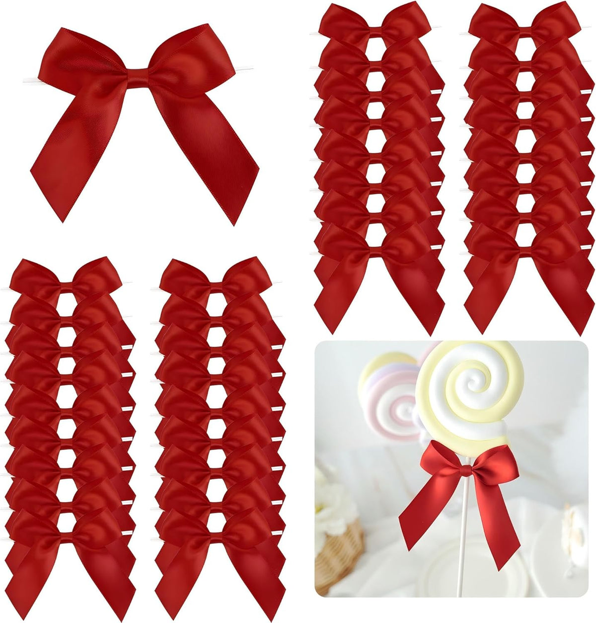3.5" Red Bow Satin Pre-Tied Bows for Gift Wrapping, Small Bows for Crafts, Premade Bows, Candy