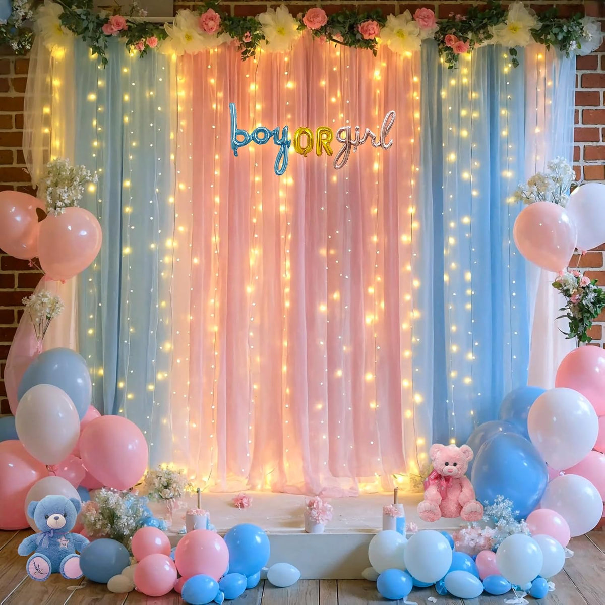 Pink Blue Sheer Tulle Backdrop Curtains with Lights String for Gender Reveal Baby Shower